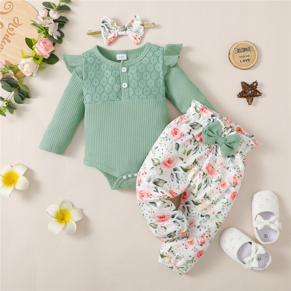【 0-18 months 】Girl's Green Lace Ruffle Floral Print 3PCS Outfit | Spring Baby Princess Romper Set | Sweet Floral & Ribbed Design | Casual Flared Pants & Headband | Breathable and Comfortable