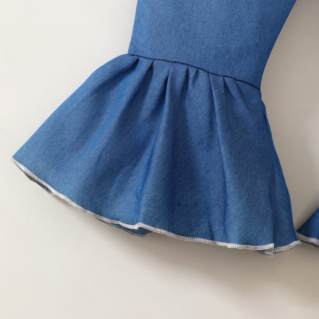 【0-3Years】 Baby Girl 2PCS Clothes Set | Butterfly Print Bow Peplum Top + Blue Denim-Look Flare Pants | Fashion Daily Wear