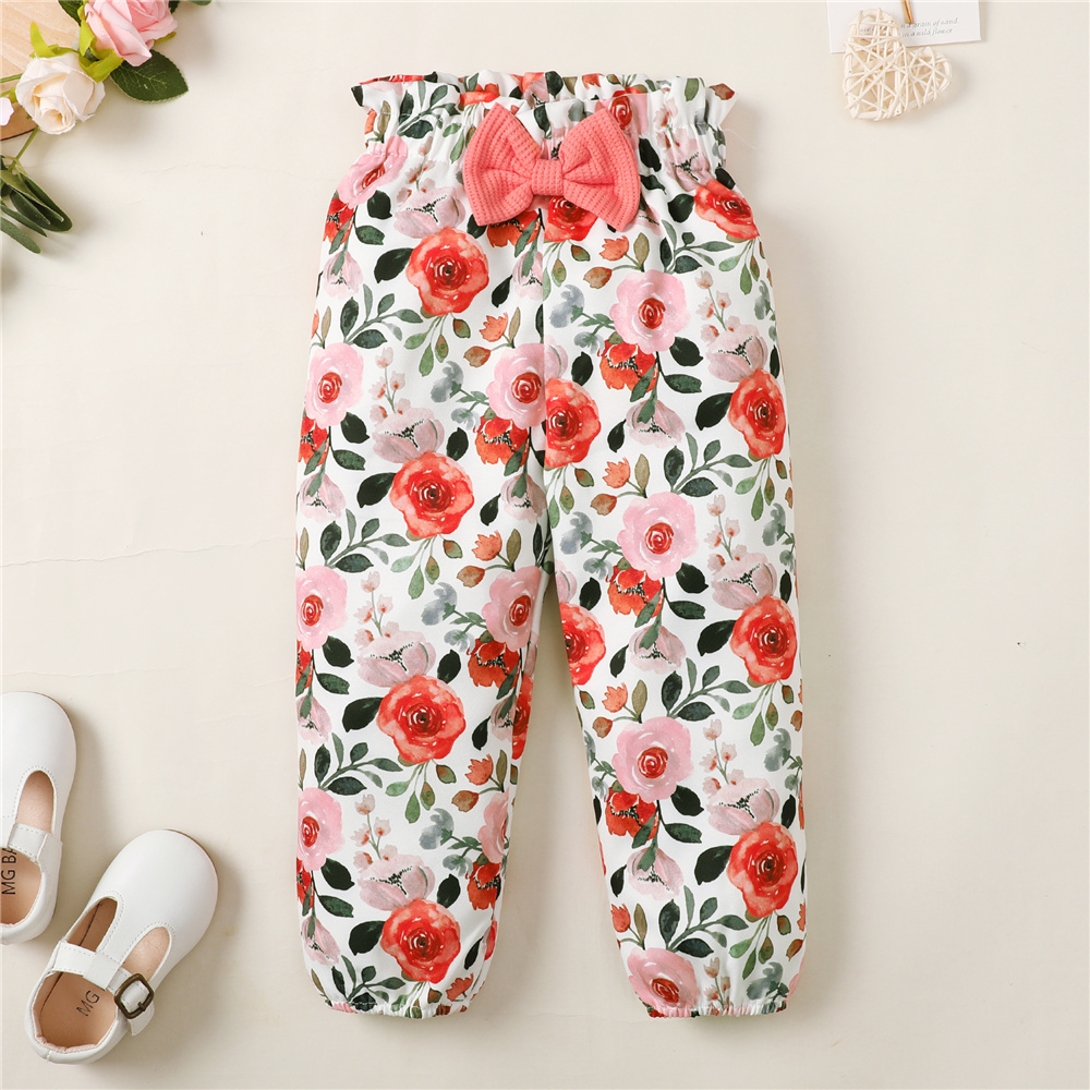 1-6 Years Girls' Sweet Coral Orange Outfit with Ruffled Sleeves & Floral Print Pants, Bowknot Waist, Comfortable Two-Piece Set for Daily Wear & Outdoor Play