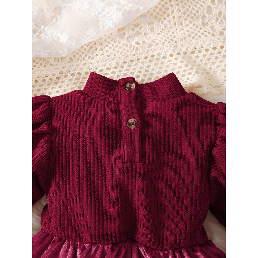 【6M-3Y】 Baby Girl Red Holiday Dress: Puff-Sleeve Ribbed Knit Top + Velvet Skirt with Bow Detail – Christmas & New Year Outfit