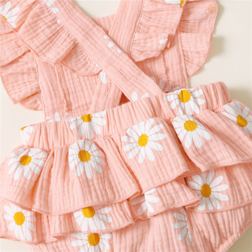 Newborn Baby Girl Romper Ruffle Fly Sleeve Cotton Romper with Headband Floral Print Outfit Clothing