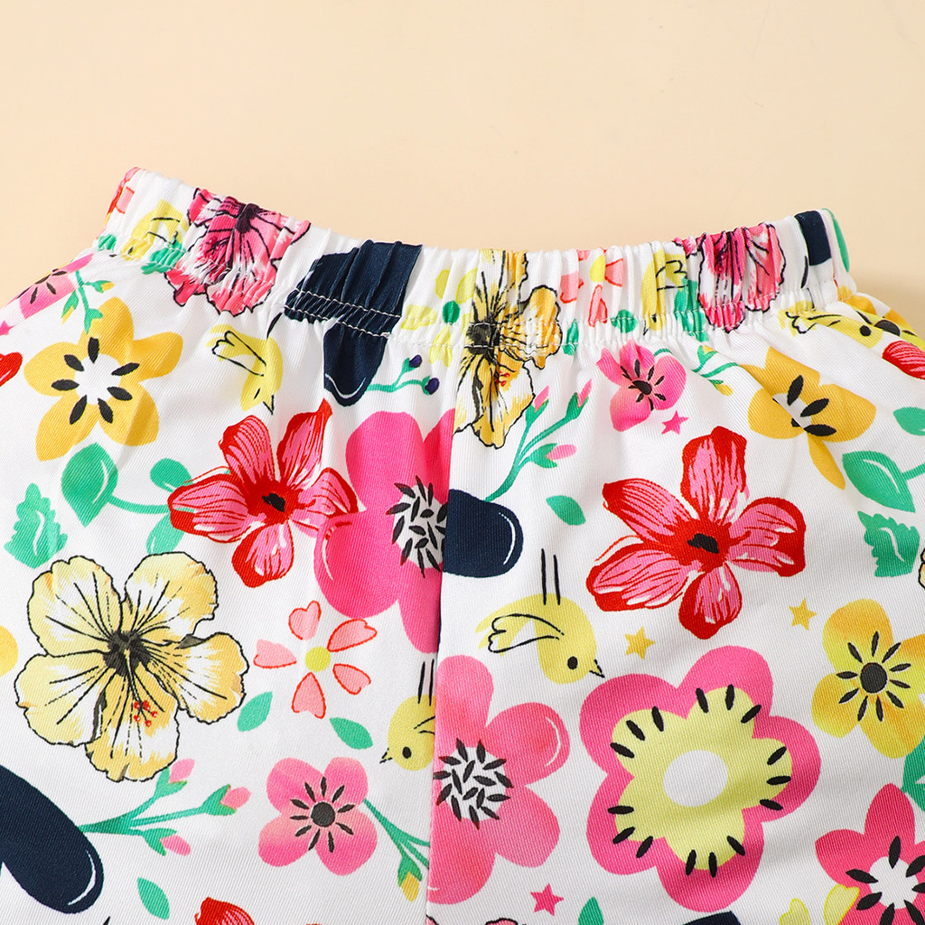 【6M-3Y】 Toddler Baby Girl 2-Piece Summer Set | Ribbed Off-Shoulder Top with Bows + Floral Print Shorts - Cute Casual Outfit