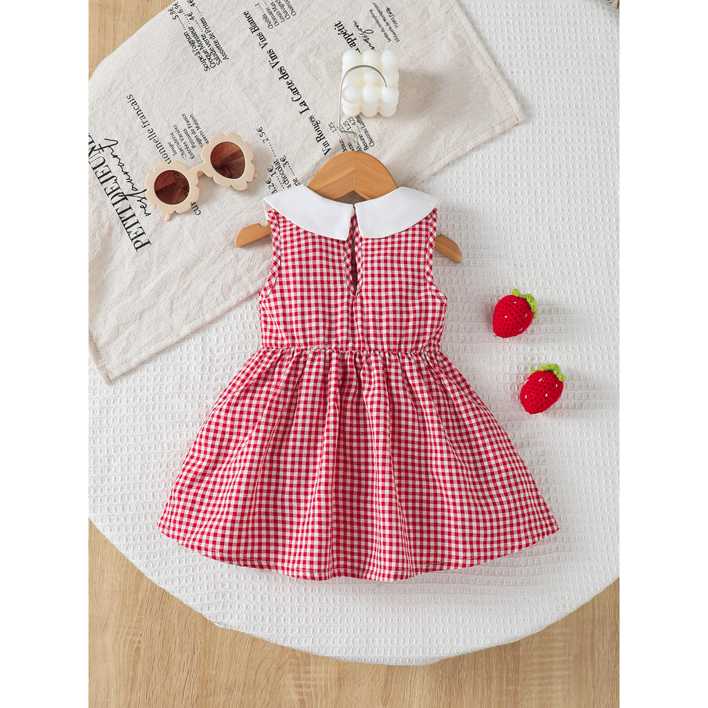 【3-24Months】 Toddler Baby Girls Sleeveless A-Line Dress with Peter Pan Collar & Strawberry Embroidery – Red-White Gingham Spring/Summer Dress