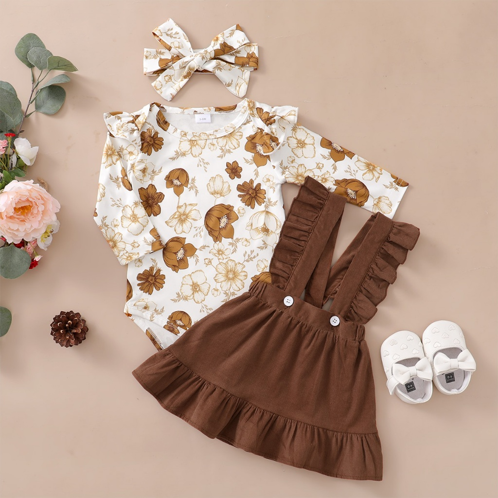 【0-12Months】 3pcs Baby Girl Brown Floral Set: Long-Sleeve Bodysuit + Deep Brown Ruffle Strap Skirt + Matching Bow Headband – Sweet Forest Autumn Outfit