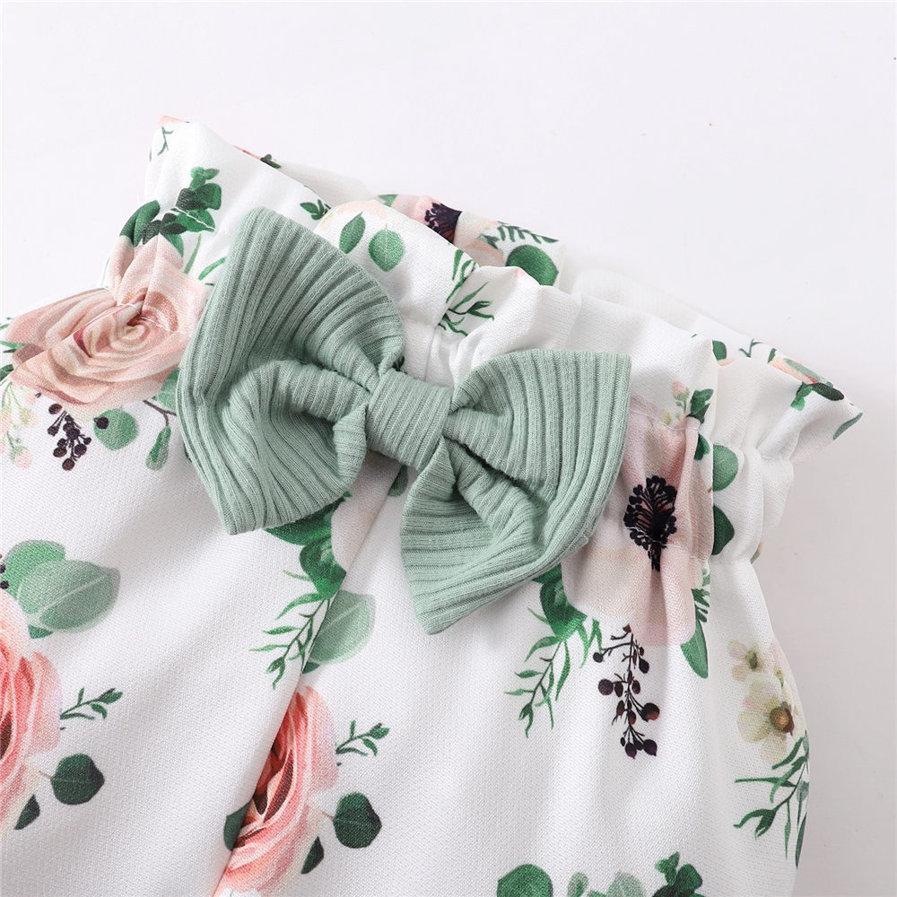 【 0-18 months 】Girl's 3PCS Floral Print Ribbed Outfit | Baby Ruffle Sleeve Romper Set | "I Got It From My Mama" Embroidery | Sweet Casual Trousers & Headband | Breathable Newborn Clothing