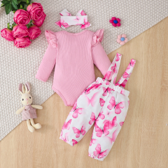 Girl's pink long sleeved hoodie+butterfly printed overalls set baby jumpsuit 0-24 months with headband for fashionable outdoor wear