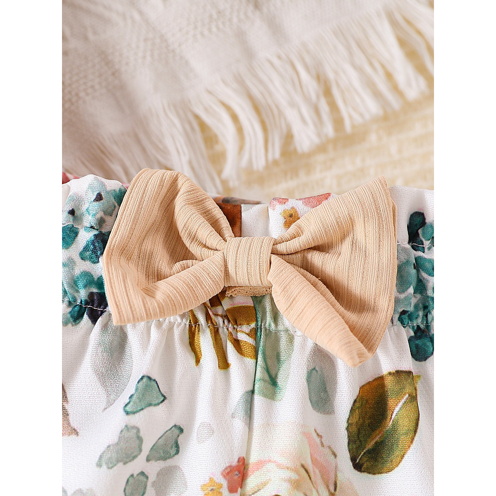 3PCS  Baby Girl Fashion Short Sleeved Solid Ribbed Bodysuit with Floral Shrots Free Headwear Cute for Newborn Baby Clothes Set