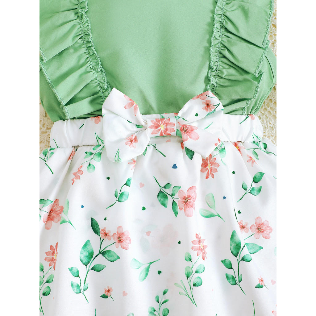 1-12Months Newborn Baby Bodysuit Set Sleeveless Ruffle Green Floral Skirt with Headwear Toddler Baby Girl Romper Fashion Cute Infant Baby Wear