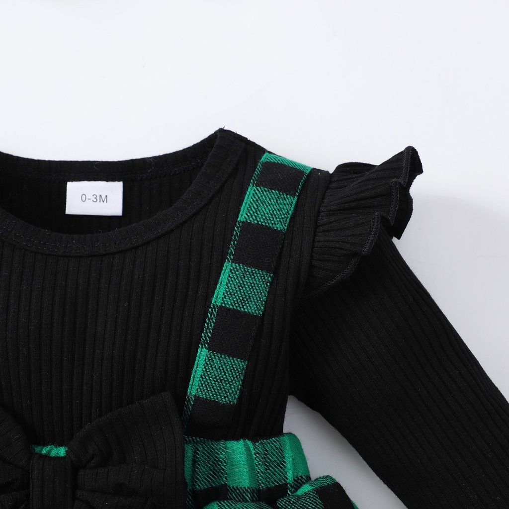 【 0-18 Months 】Baby Girl 2PCS Christmas Plaid Romper Dress Set | Long Sleeve Ribbed Top with Red & Black Check Skirt & Bow Headband | Sweet Holiday Outfit for Infants