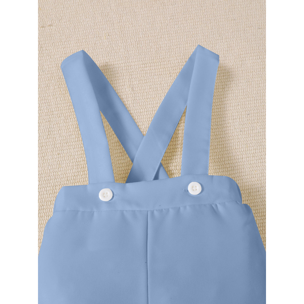 【 1-18 months 】 Boys' Blue & White Gentleman 2PCS Outfit | Long-Sleeve Bodysuit + Suspender Pants with Bow Tie | Baby First Birthday Outfit | Fashionable Formal & Versatile Wear