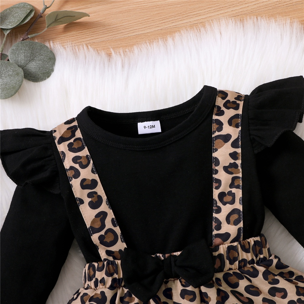 0-2 Years Girls' Chic Fake Two-Piece Leopard Print Jumper with Bow & Long Sleeve Top, Stylish Layered Outfit for Daily Play & Outings, Baby Girl Clothes