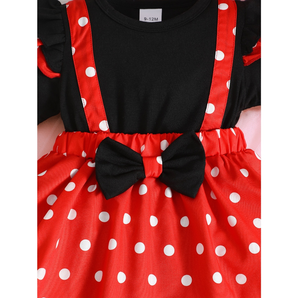 1-18 Months Todddler&Newborn Baby Girl Red and Black Polka Dot Jumpsuit Black Short Sleeved Top red Polka Dot Skirt Pants Cute Baby Dress Set
