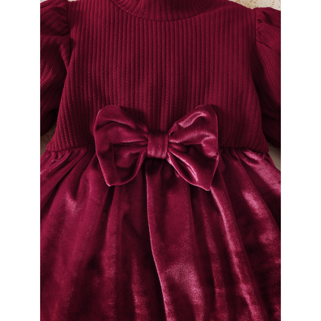 【6M-3Y】 Baby Girl Red Holiday Dress: Puff-Sleeve Ribbed Knit Top + Velvet Skirt with Bow Detail – Christmas & New Year Outfit