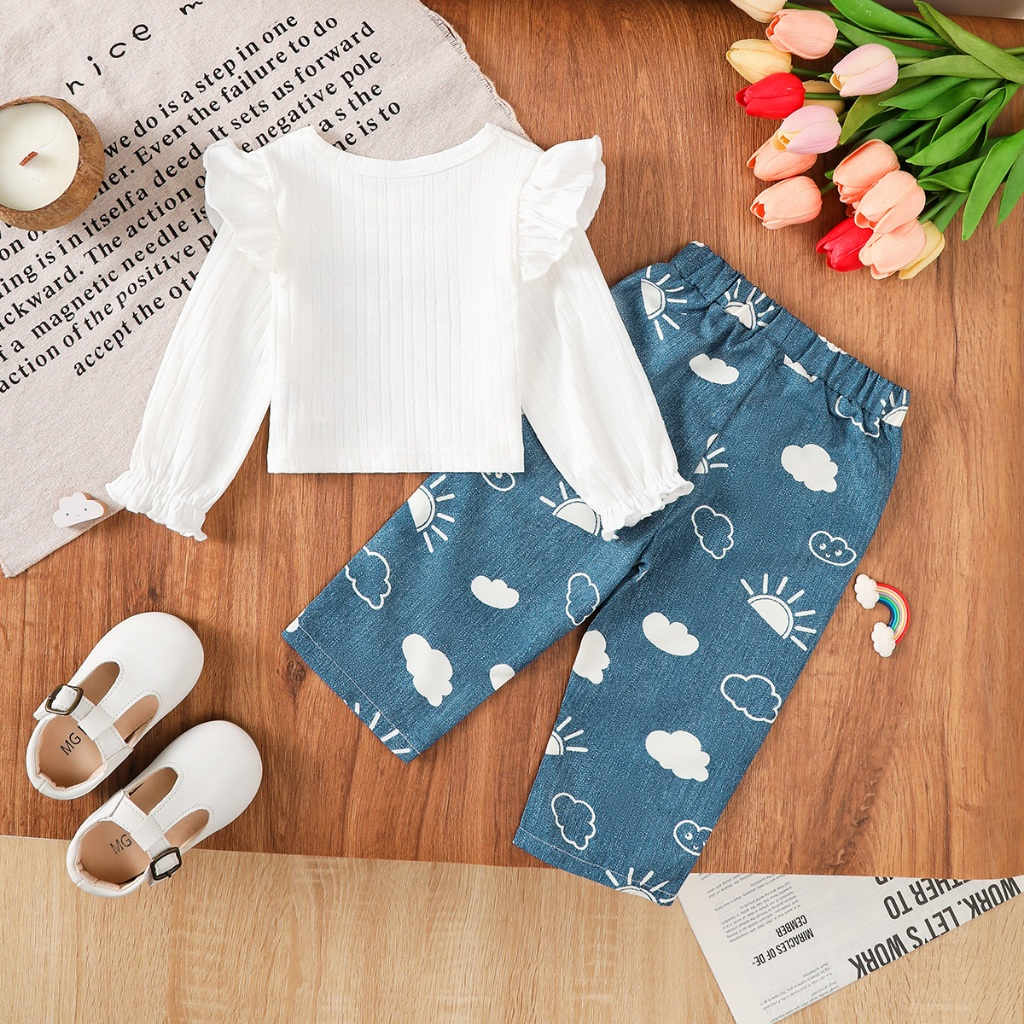 Girl's white long sleeved top+blue cloud jeans set | Cartoon girl print top | Baby casual wear | Comfortable and breathable baby clothes