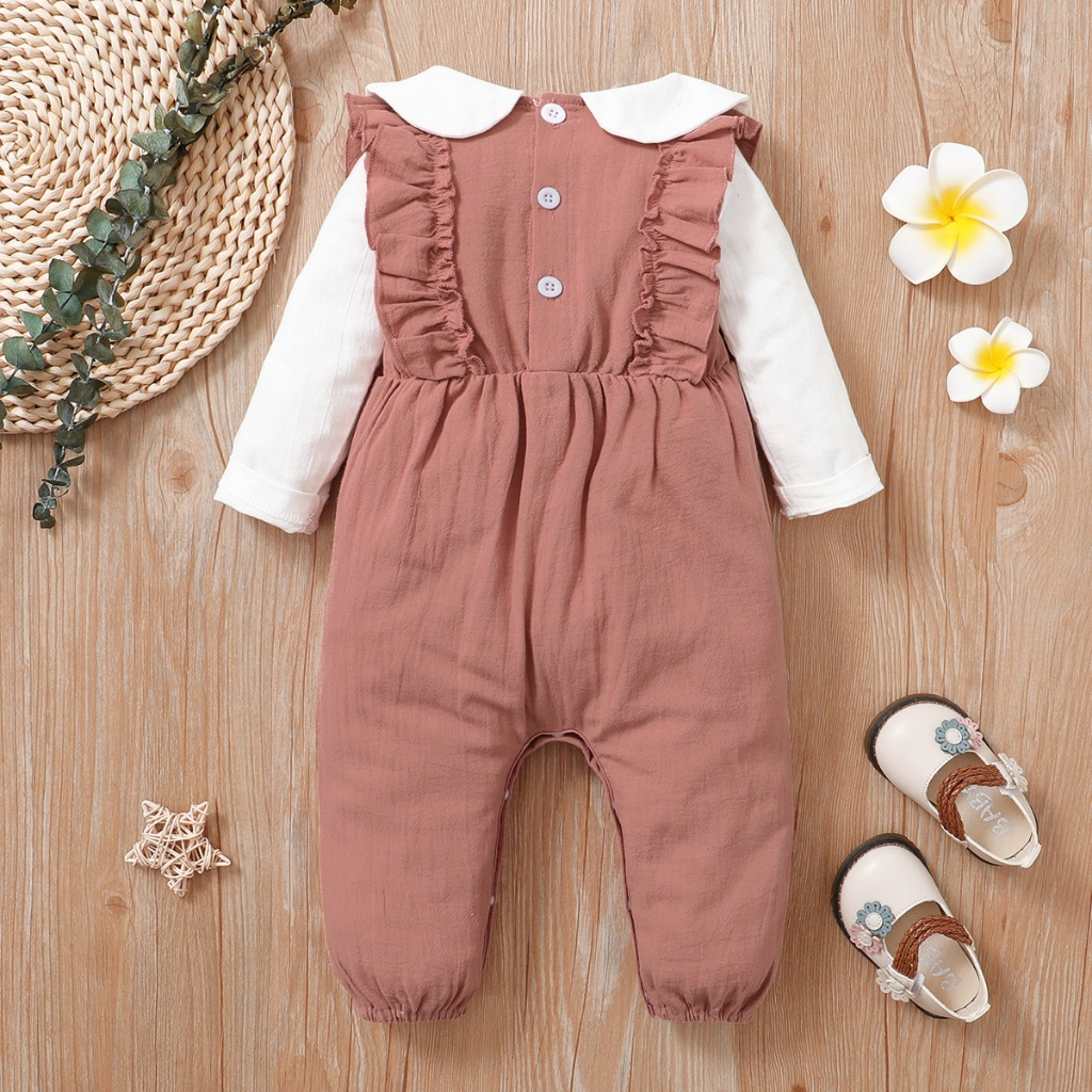 【 0-18 months 】 Baby doll collar embroidered fake two-piece jumpsuit | Pink long sleeved shirt | Sweet princess style crawling suit | Spring and Autumn baby jumpsuit