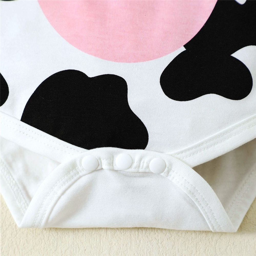 【0-9M】 2PCS Unisex Baby Outfit: Cow Print Short-Sleeve Romper with Matching 3D Cow Hat – Cute Animal Theme Playsuit