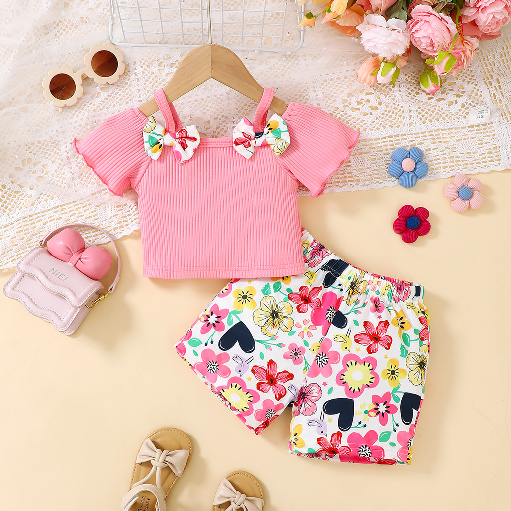 【6M-3Y】 Toddler Baby Girl 2-Piece Summer Set | Ribbed Off-Shoulder Top with Bows + Floral Print Shorts - Cute Casual Outfit