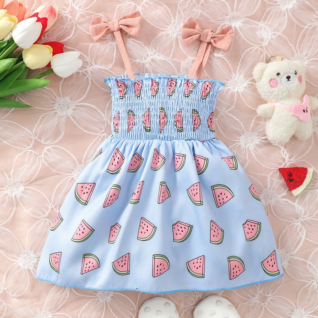 Baby Girls Watermelon Print Cami Dress for 6M-3Yrs, Cotton Sundress with Bow Straps, Cute Casual Outfit for Summer