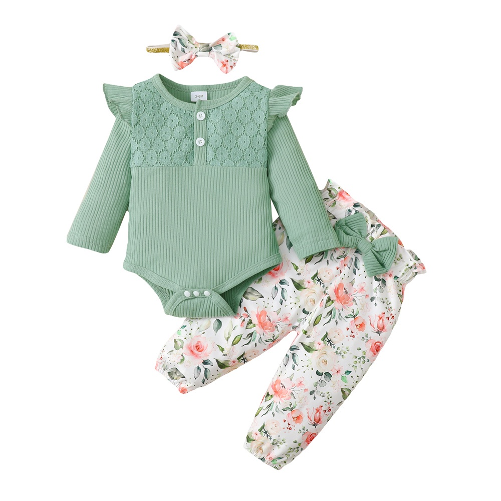 【 0-18 months 】Girl's Green Lace Ruffle Floral Print 3PCS Outfit | Spring Baby Princess Romper Set | Sweet Floral & Ribbed Design | Casual Flared Pants & Headband | Breathable and Comfortable