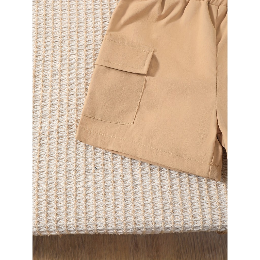 【6M-3Y】 Baby Boys 2-Piece Outfit: Striped Polo Shirt with Contrast Collar & Half-Button Placket + Solid Cargo Shorts – Trendy City Walk Set