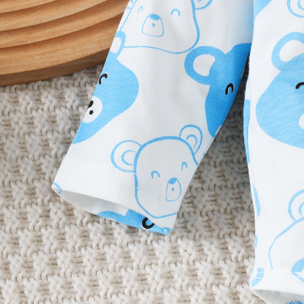 【 0-9 Months 】 Newborn White Bear Hat 3-piece Set | Blue Printed jumpsuit+pants+hat | Baby Full Moon Gift Set | Pure Cotton Newborn Clothing