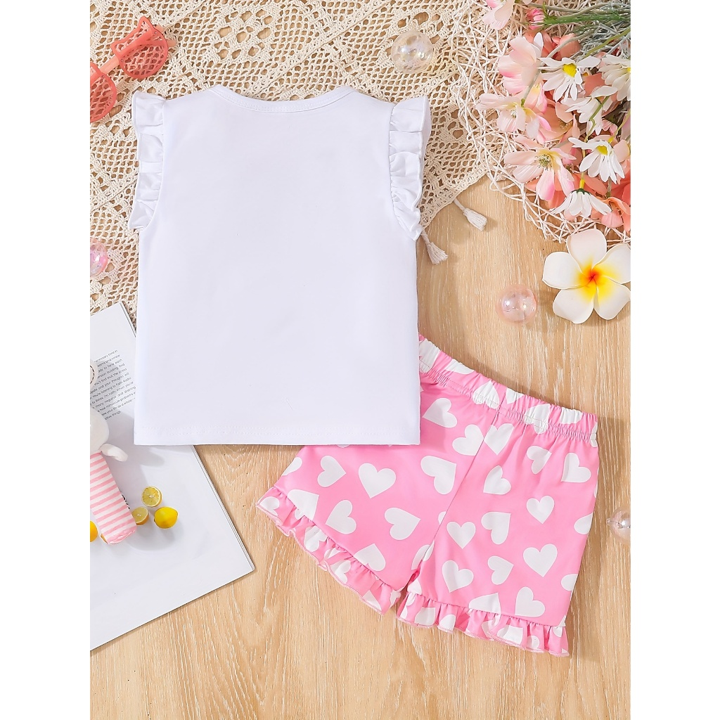 【 June to 3 years old 】 Girls' summer outfit set | White cat sleeveless top+pink heart-shaped polka dot shorts | Baby casual sports set | Sweet and cute baby clothes