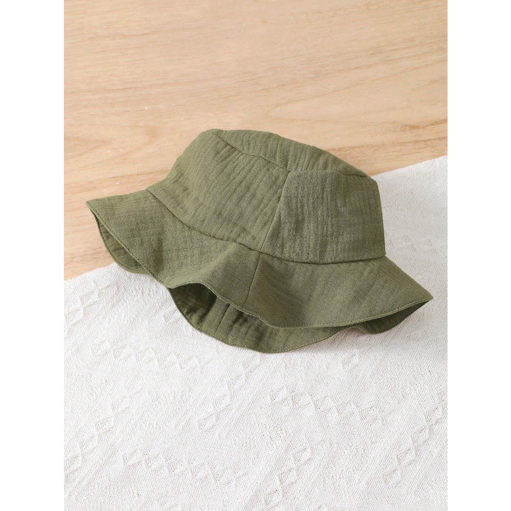 【1-18 Months】Baby Boy 2PCS Simple Solid Romper Set, Long Sleeve Crinkle Cotton Jumpsuit with Matching Bucket Hat, Soft Casual Infant Outfit