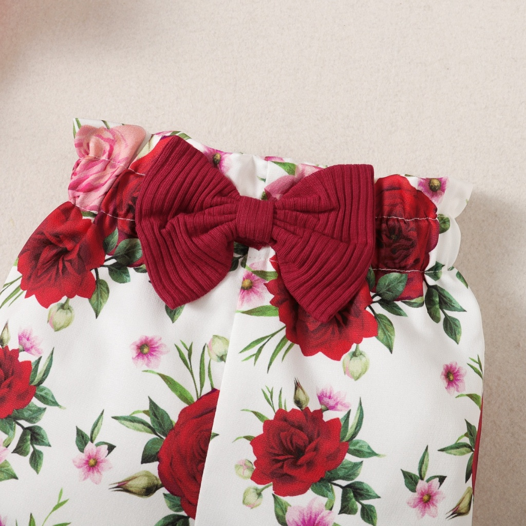 【1-18M】 3PCS Baby Girl Summer Outfit: Ribbed Red Ruffle-Sleeve Bodysuit + Floral Shorts with Bow + Matching Headband – Cute Infant Girl Clothing Set