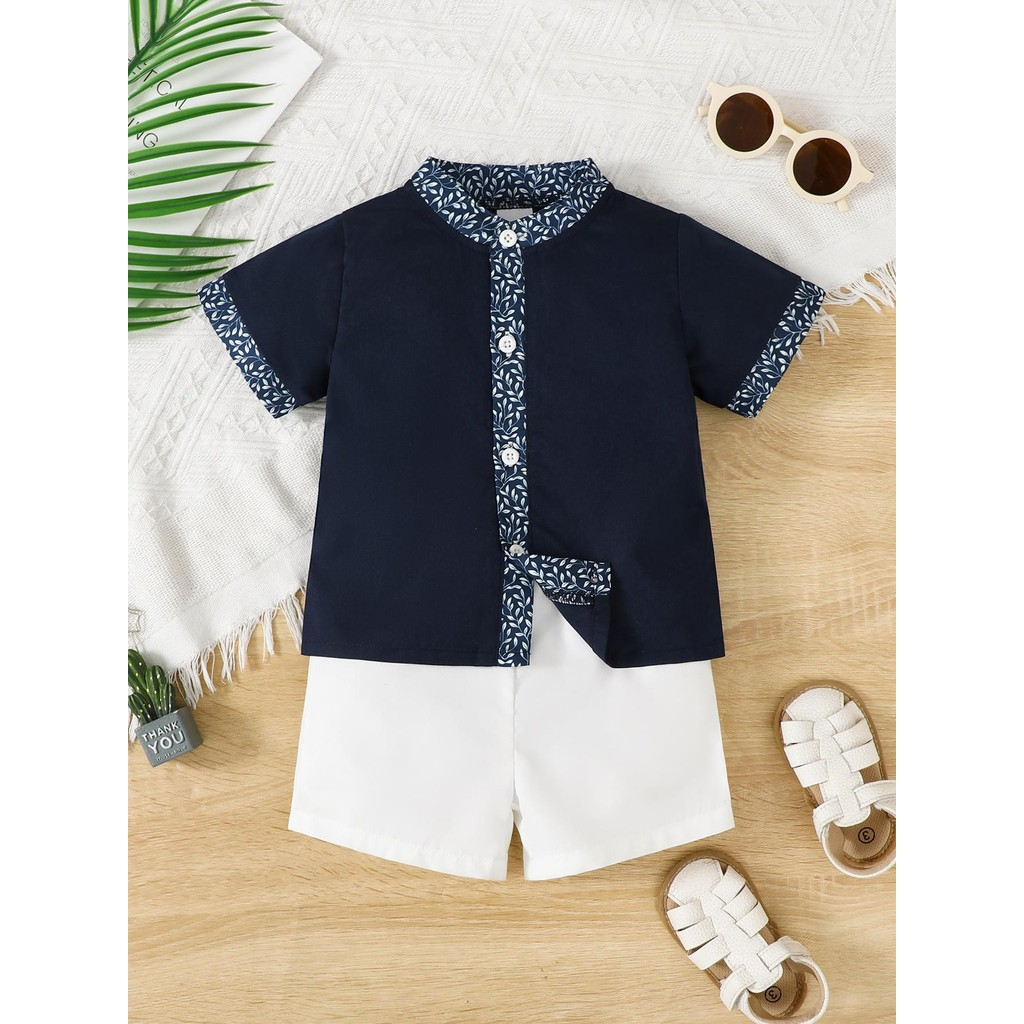 Muslim round neck top and white shorts for newborns and young children aged 0-3, Halal style casual clothing baby set