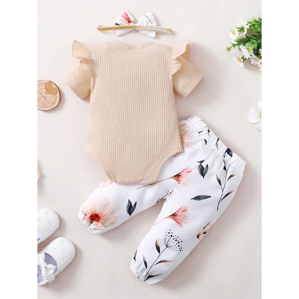 0-18 Months Newborn Baby Girl 3pcs Clothing Set Letter Print Long Sleeve Bodysuit with Pants Headwear Fashion Cute Infant Baby Girl Daily Outfit