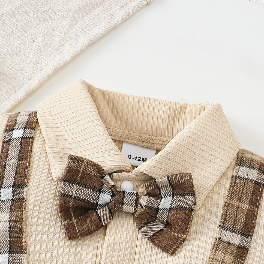【1-18Months】 Boys' Gentleman Style Jumpsuit: Plaid Suspender Romper with Collar & Bow Tie – Newborn Full Moon Banquet Outfit