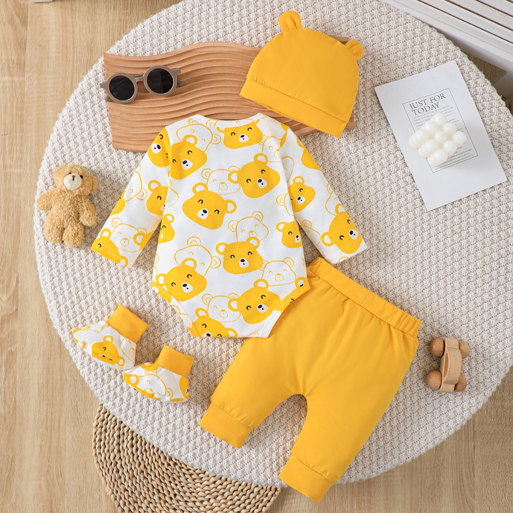 【1-9M】 Yellow Bear Print 4-Piece Baby Outfit: Long-Sleeve Romper + Solid Pants + Bear Ear Hat + Booties – Cozy Newborn Layette Set