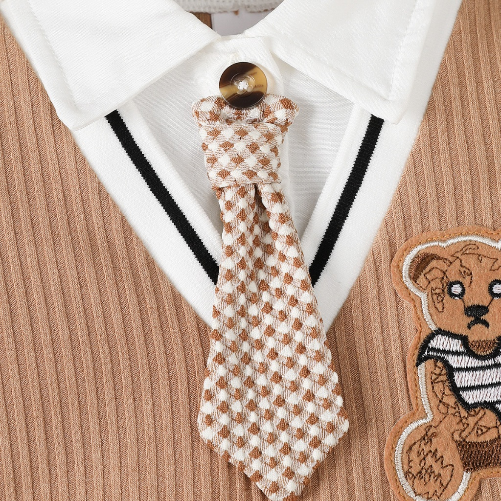 【1-18M】 Boys' Gentleman Style Jumpsuit: Ribbed Romper with Collar, Fake Tie & Bear Embroidery – Newborn Full Moon Banquet Outfit