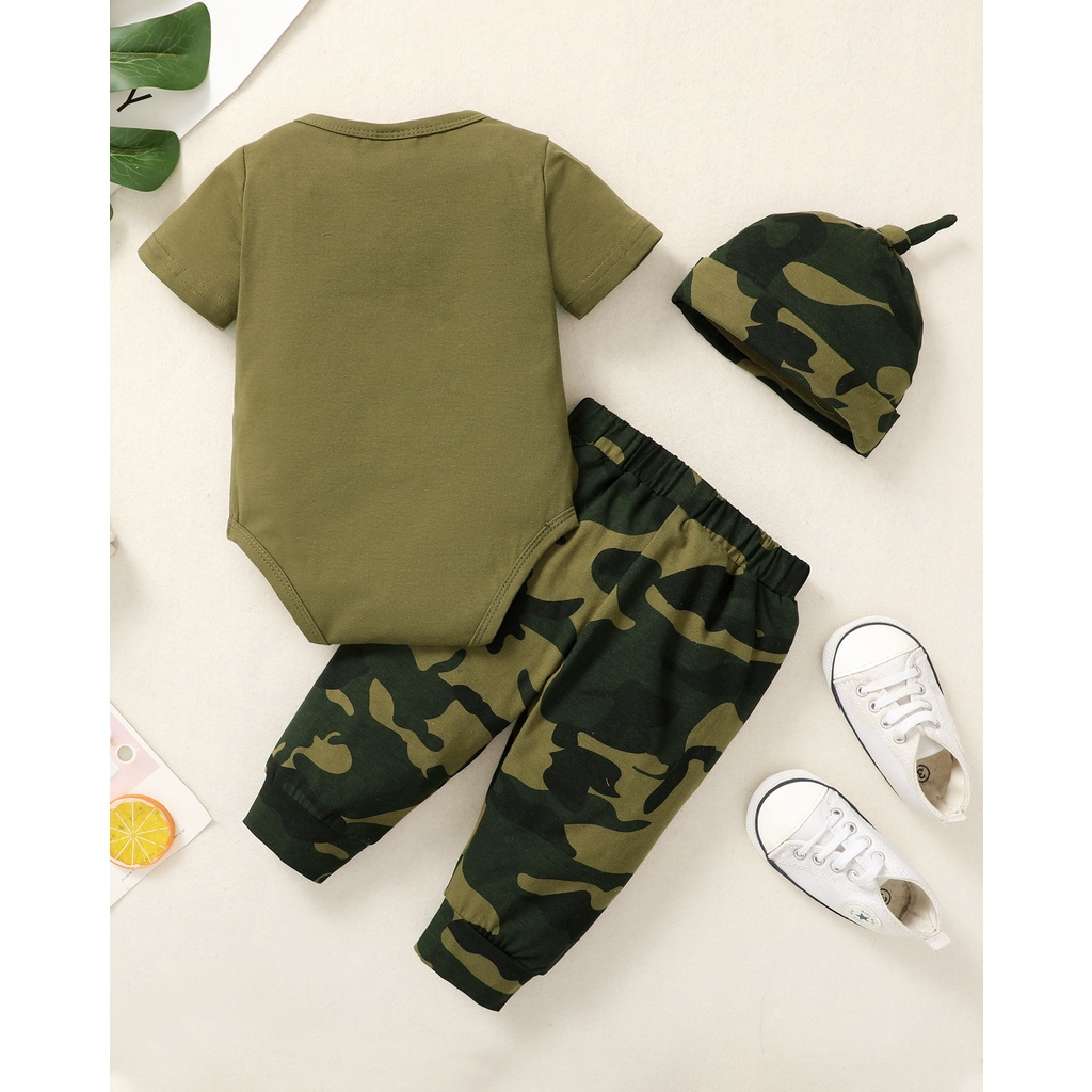 0-18 Months Newborn Baby Boy 3pcs Spring Summer Jumpsuit Set/ Infant Boy Funny Slogan Romper + Camouflage Print Pants + Headband/ Casual Sport Style Costume Fashion Leisure Wear