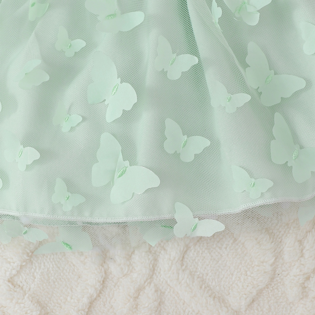 0-3Years Newborn&Toddler Baby Girl Green Butterfly Printed Mesh Dress Thick Long Sleeve Splicing Dress Banquet Dress Princess Dress Holiday