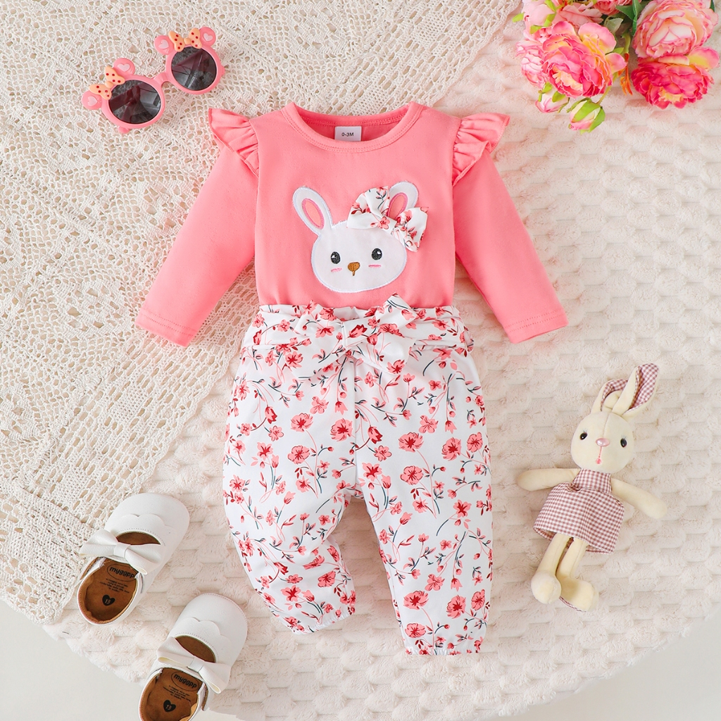 【0-18 Months】 2-Piece Baby Girl Bunny Embroidery Flutter Sleeve Romper + Floral Print Pants - Cute Casual Outfit Set