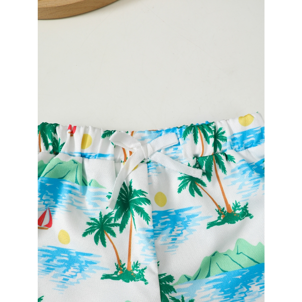 【 June -3 years old 】 Hawaiian vacation set for boys | khaki short sleeved T-shirt+blue floral shorts+matching printed hat | Summer island style baby set
