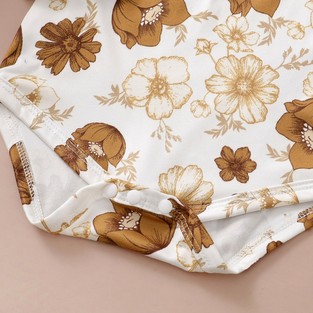 【0-12Months】 3pcs Baby Girl Brown Floral Set: Long-Sleeve Bodysuit + Deep Brown Ruffle Strap Skirt + Matching Bow Headband – Sweet Forest Autumn Outfit