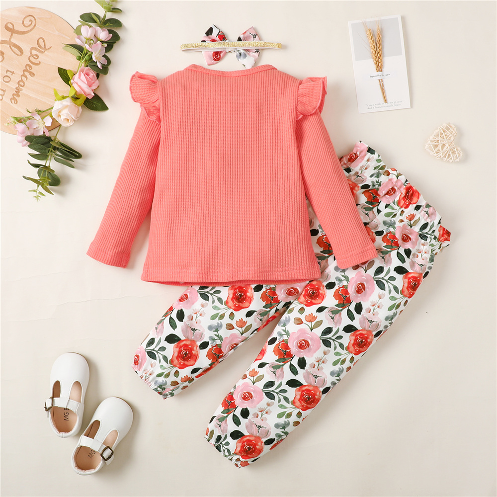 1-6 Years Girls' Sweet Coral Orange Outfit with Ruffled Sleeves & Floral Print Pants, Bowknot Waist, Comfortable Two-Piece Set for Daily Wear & Outdoor Play