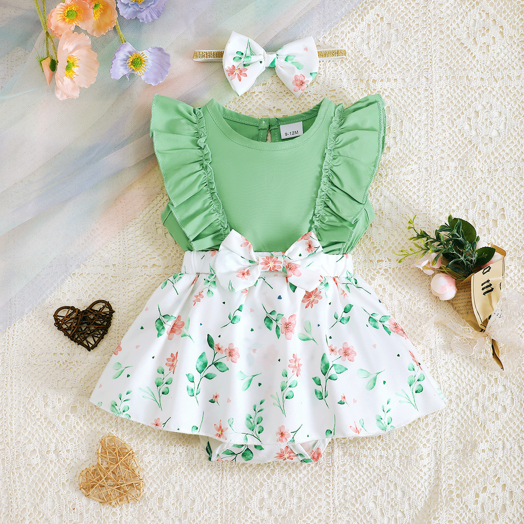 1-12Months Newborn Baby Bodysuit Set Sleeveless Ruffle Green Floral Skirt with Headwear Toddler Baby Girl Romper Fashion Cute Infant Baby Wear
