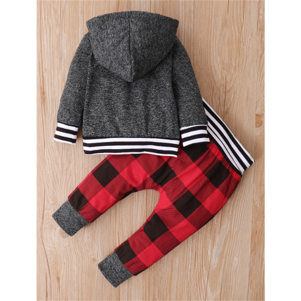 0-2 Years Old Gray Hooded Sweatshirt & Plaid Pants Set, Stylish and Warm, Perfect for Daily Play and Outdoor Activities, Designed for Active Toddlers