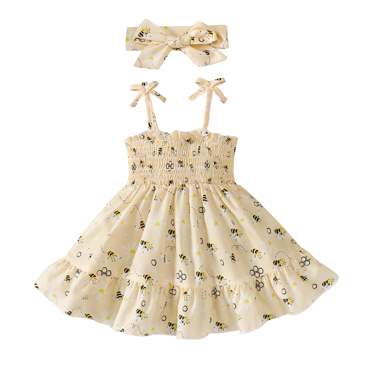 0-2 Years Baby Girl's Bee-Print Dress Set with Headband: Adorable & Breathable for Summer Play, Perfect for Infant & Toddler