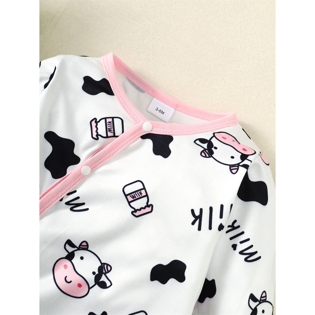 0-18 Months Newborn Baby Girl 2PCS Set Long Sleeve Dairy Cow Print Romper with Headwear Infant Baby Girl Fashion And Leisure Pajamas