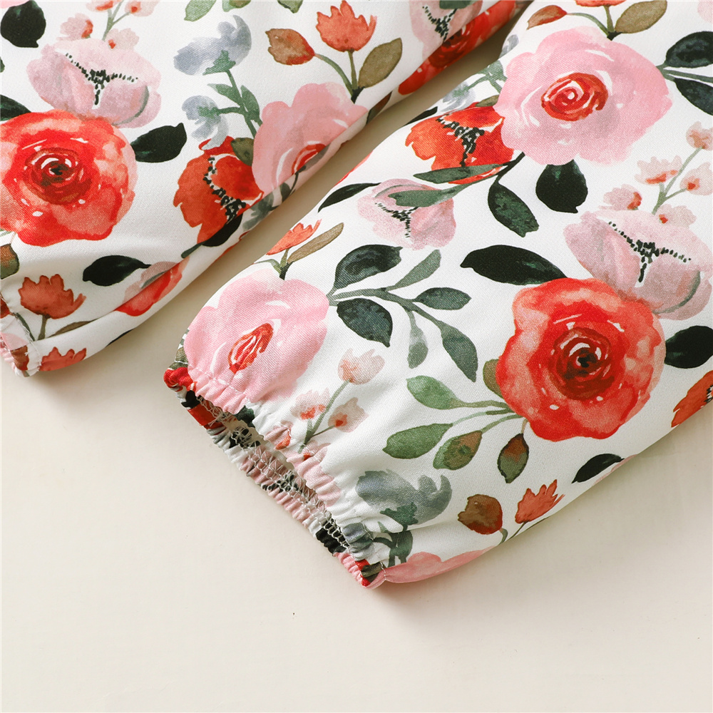 1-6 Years Girls' Sweet Coral Orange Outfit with Ruffled Sleeves & Floral Print Pants, Bowknot Waist, Comfortable Two-Piece Set for Daily Wear & Outdoor Play