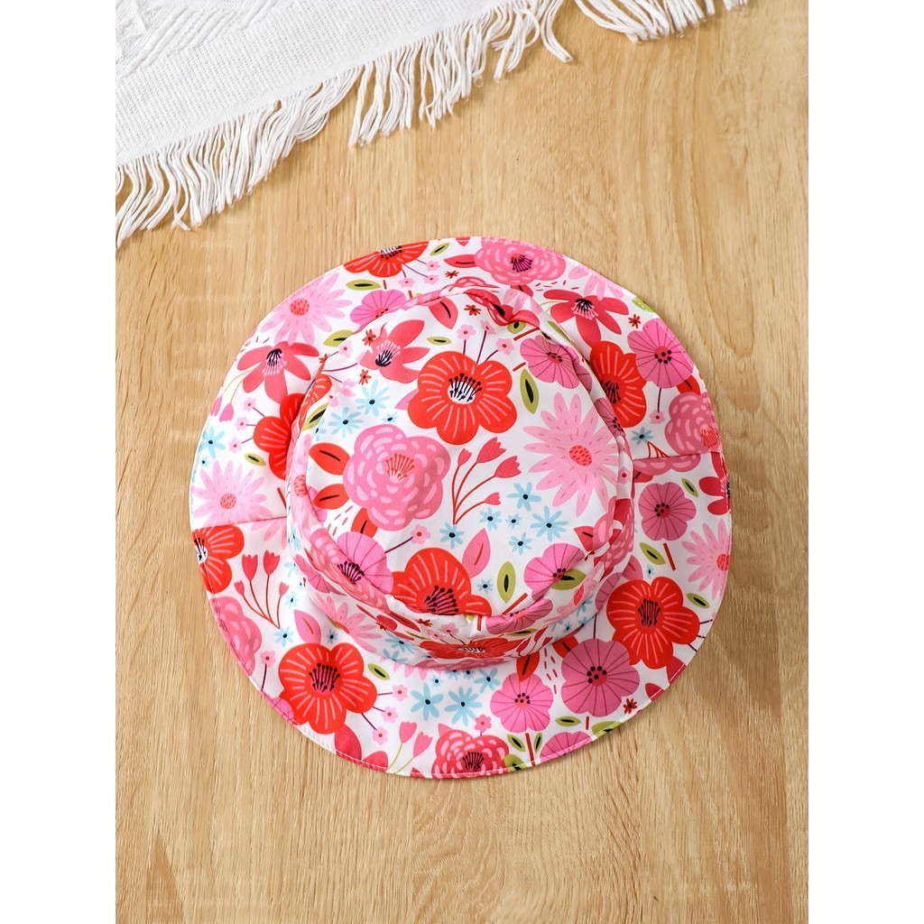 【3M-3Y】 Resort-Ready 2-Piece Set for Baby Girls: Allover Floral Spaghetti Strap A-Line Dress + Matching Sun Hat – Vacation-Chic Style
