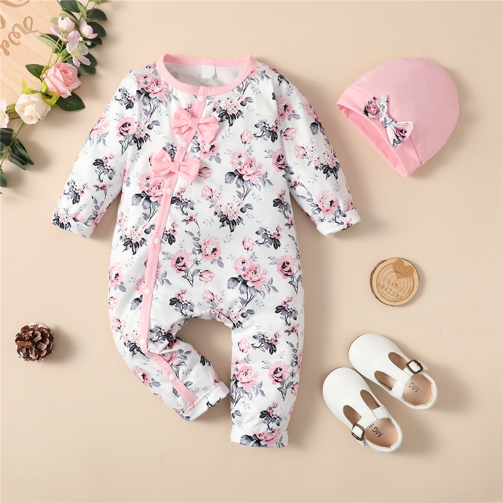 【0-18Months】 Newborn Baby Girl 2PCS Floral Print Romper Set, Long Sleeve Front Snap Jumpsuit with Bow Hat, Sweet Infant Outfit，Baby clothes for newborns
