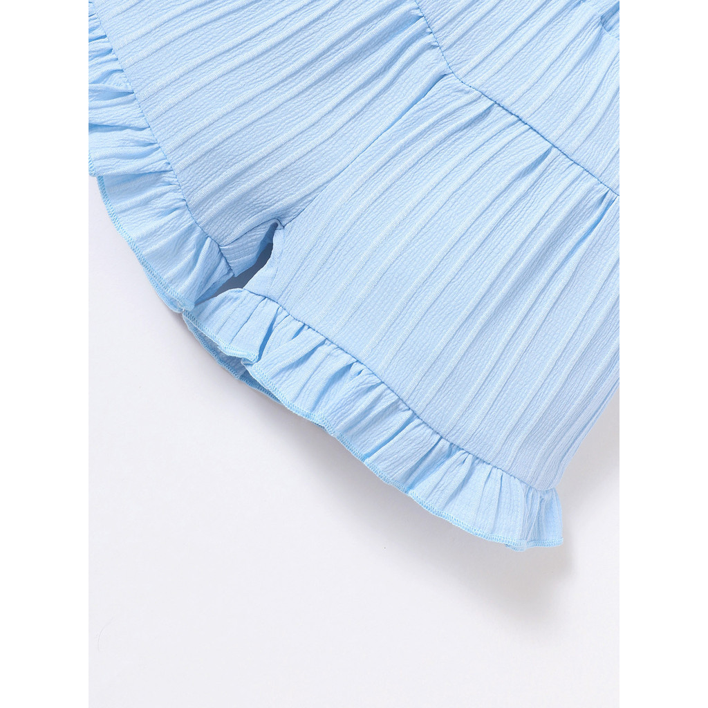 【3-24M】 2PCS Baby Girl Summer Outfit: Light Blue Ribbed Cami Top with Ruffle Trim & Faux Buttons + Matching Ruffle Shorts – Cute Casual Holiday Set