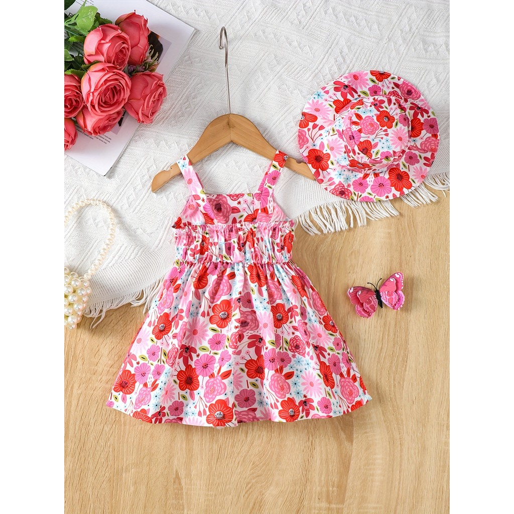 【3M-3Y】 Resort-Ready 2-Piece Set for Baby Girls: Allover Floral Spaghetti Strap A-Line Dress + Matching Sun Hat – Vacation-Chic Style