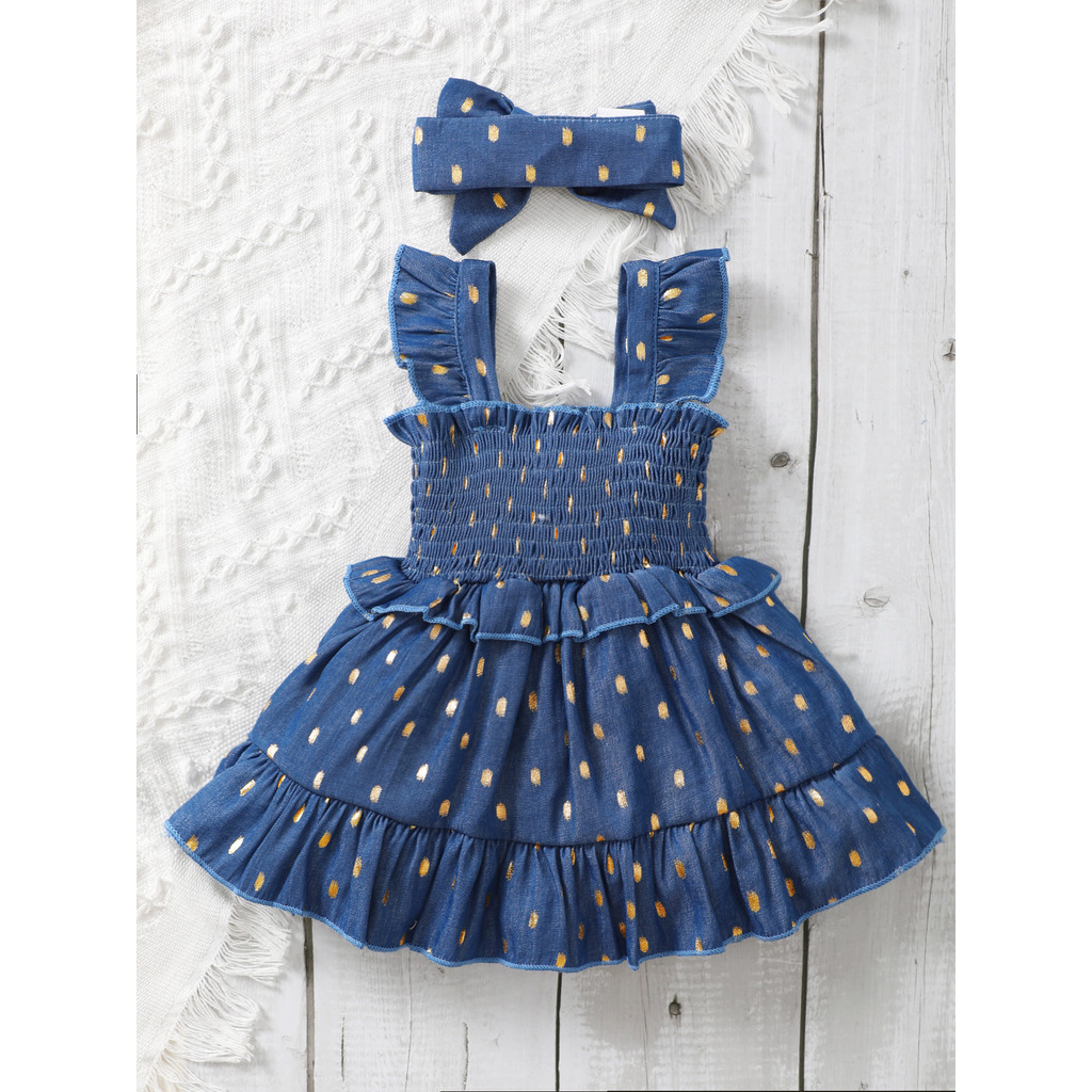 2-piece set of 3-24 month old baby girl summer smoked polka dot off shoulder dress+headband - casual cute set