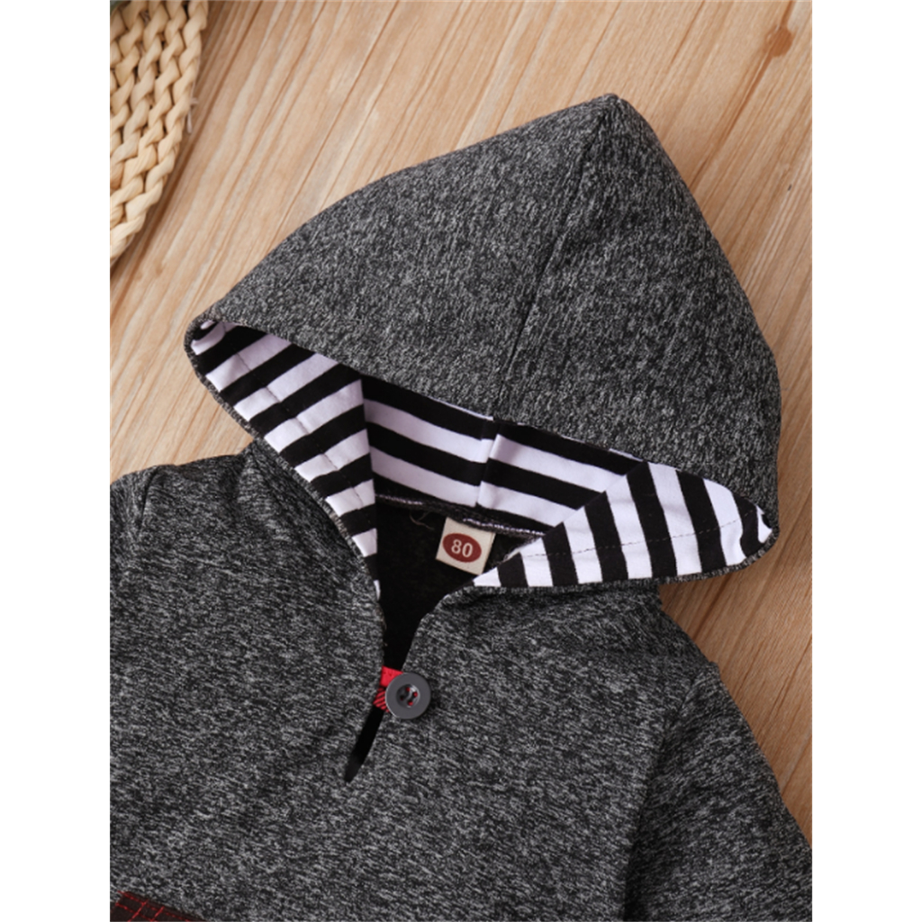 0-2 Years Old Gray Hooded Sweatshirt & Plaid Pants Set, Stylish and Warm, Perfect for Daily Play and Outdoor Activities, Designed for Active Toddlers